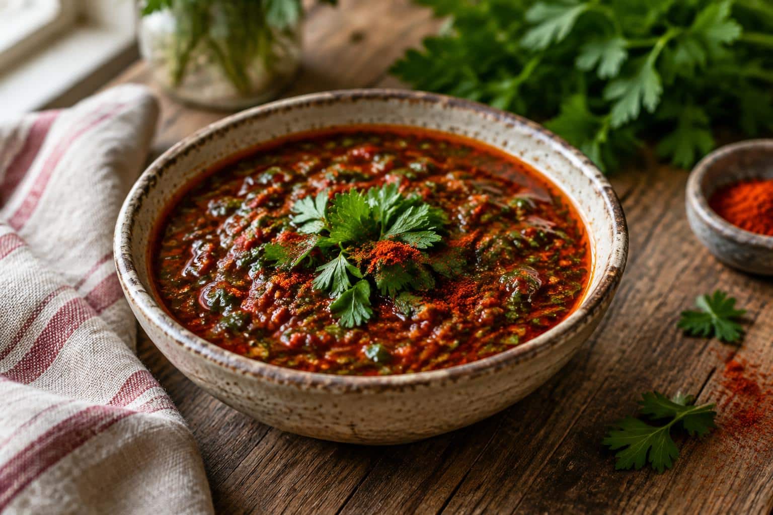 bowl of smoky red chimichurri sauce with fresh herbs and smoked paprika, smoky red chimichurri