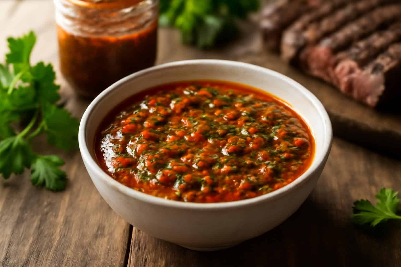 bowl of smoky red chimichurri sauce with herbs, perfect for grilled meats