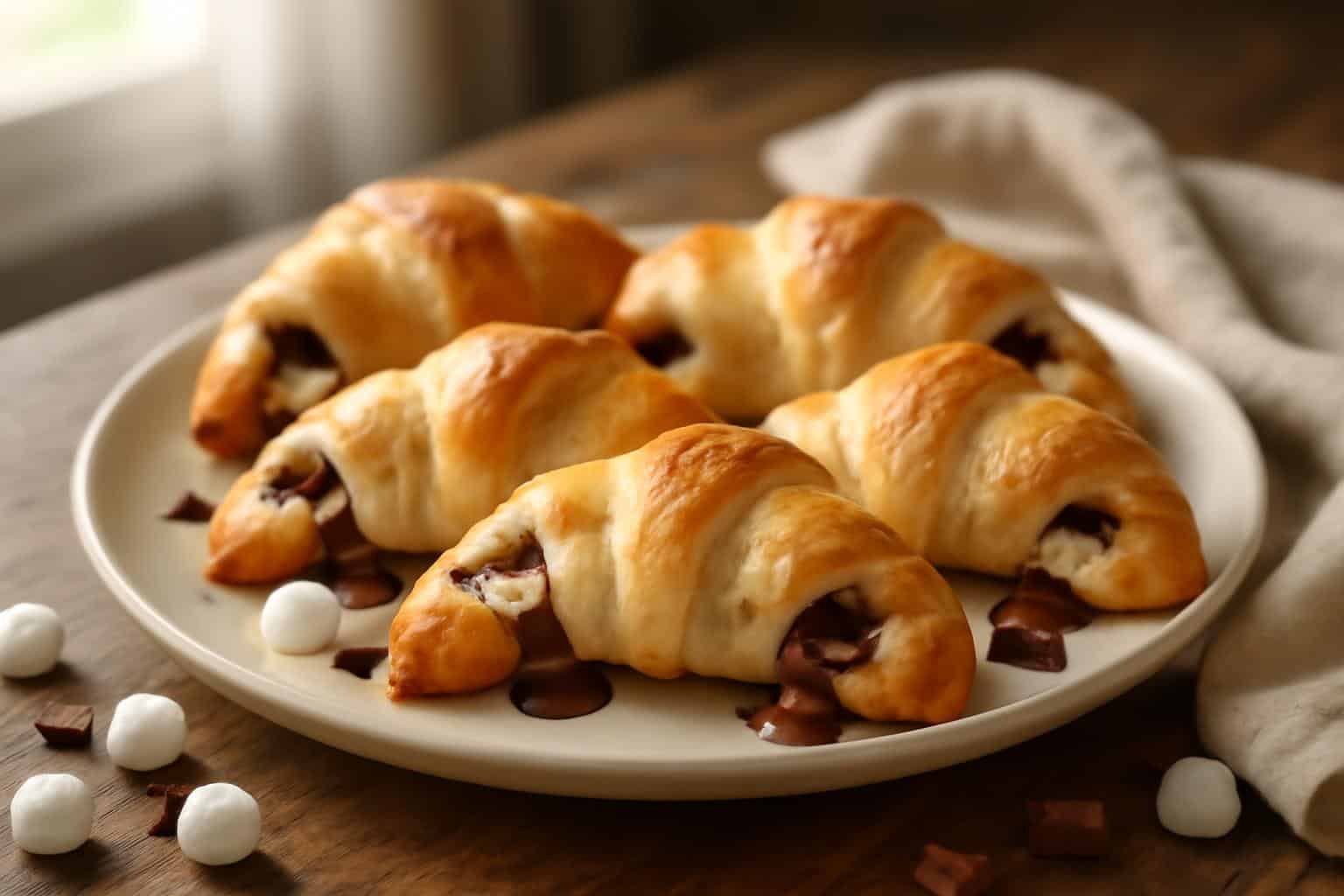 Plate of golden s'mores crescent rolls with melted chocolate and toasted marshmallows