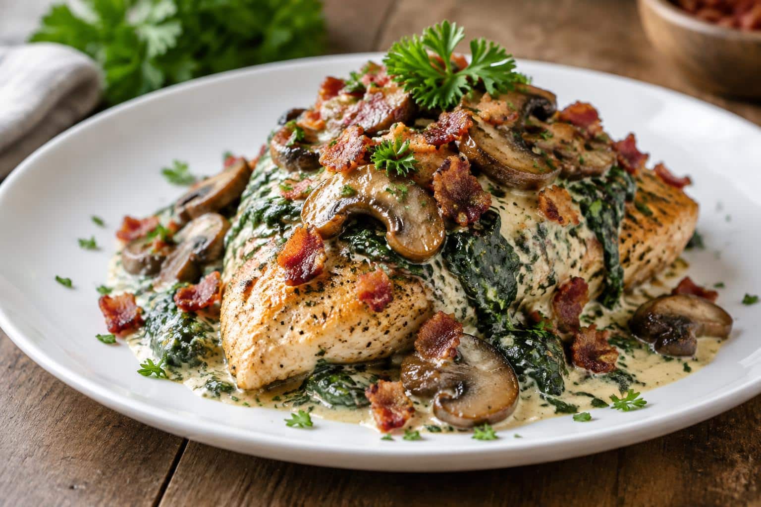 Smothered chicken topped with creamy spinach, bacon, and mushrooms on a white plate