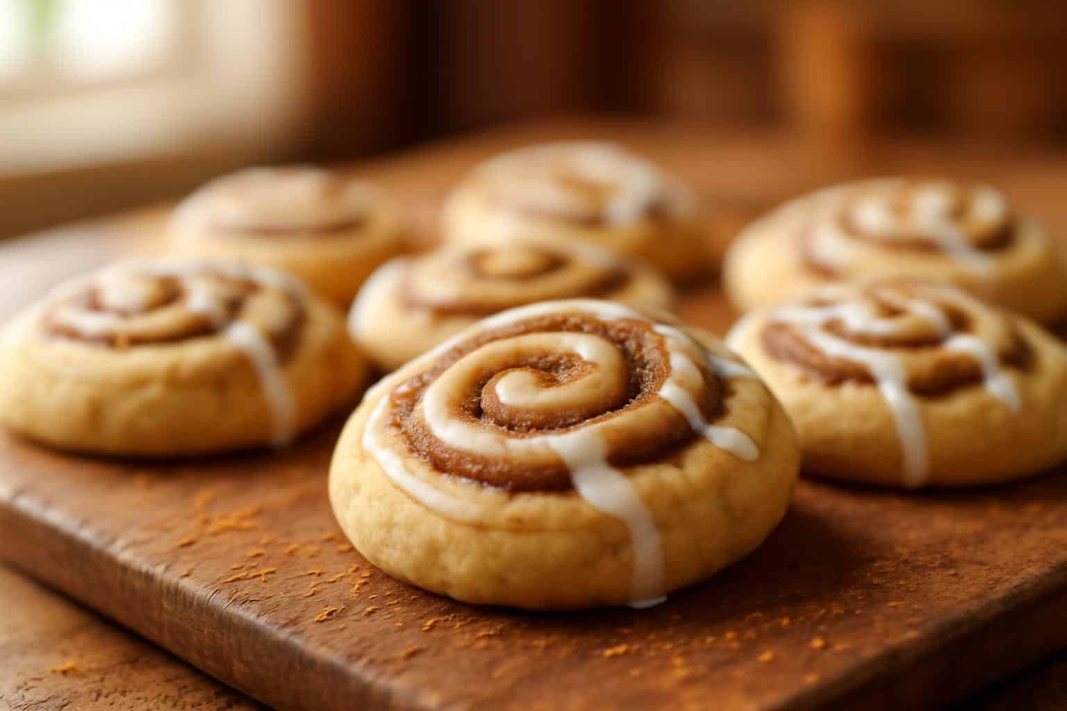 Soft cinnamon roll cookies with sweet cinnamon sugar swirl and creamy icing on rustic board