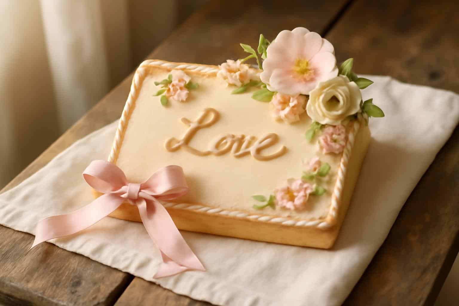Soft love letter cake with cream tones and floral details decorated with a pink ribbon