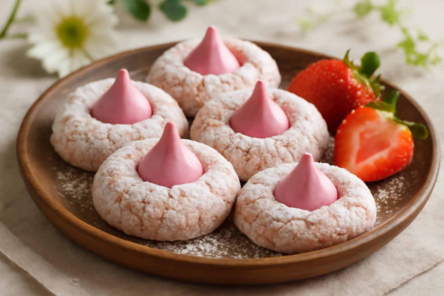 Soft strawberry kiss cookies with powdered sugar and fresh strawberries on rustic plate