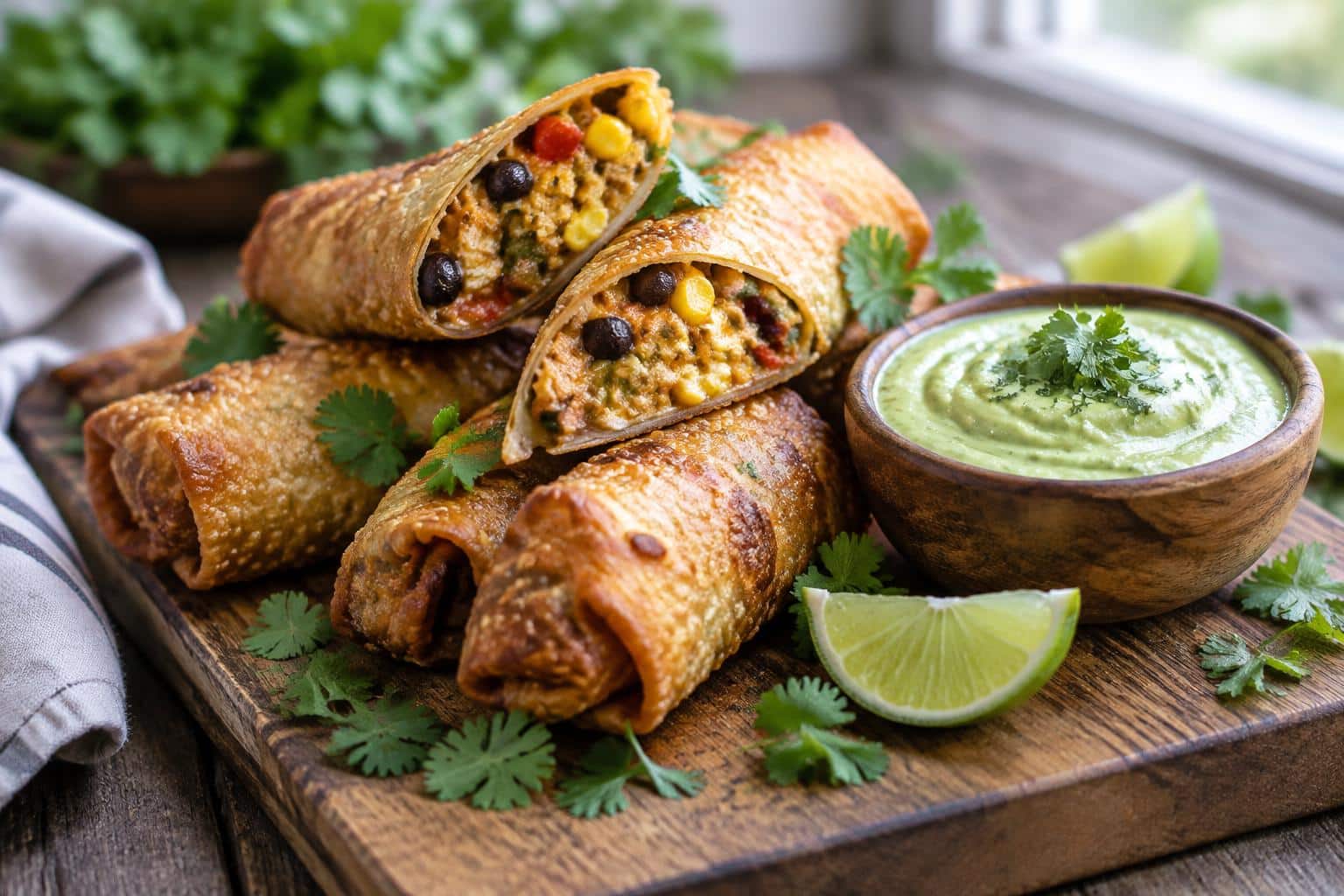 Crispy southwest egg rolls with avocado dipping sauce and fresh cilantro garnish
