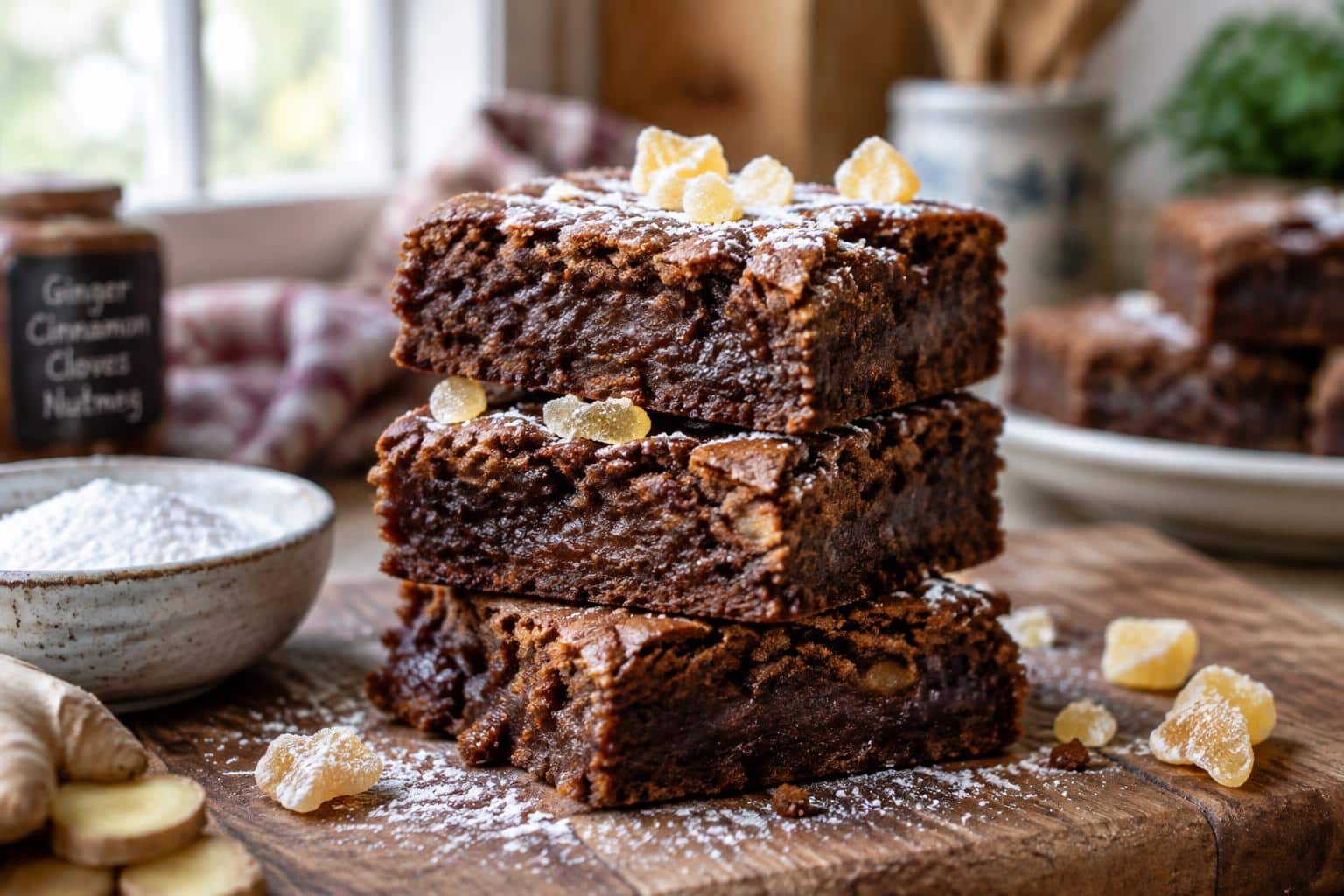 Close-up of spiced chewy gingerbread brownies showcasing moist texture and warm spices