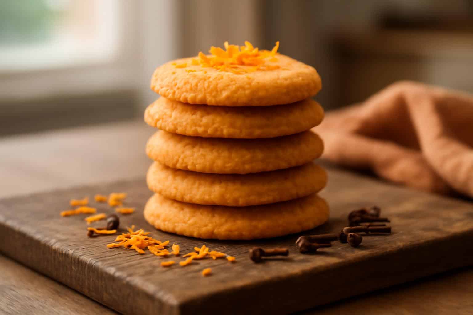 Freshly baked orange clove cookies with spiced citrus bliss on rustic board