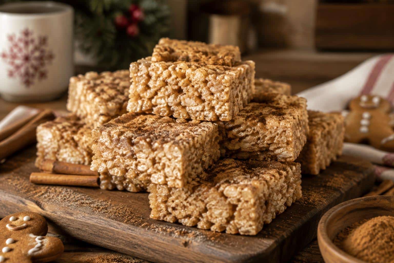 Spiced gingerbread rice krispie treats stacked with gingerbread spice sprinkled on top