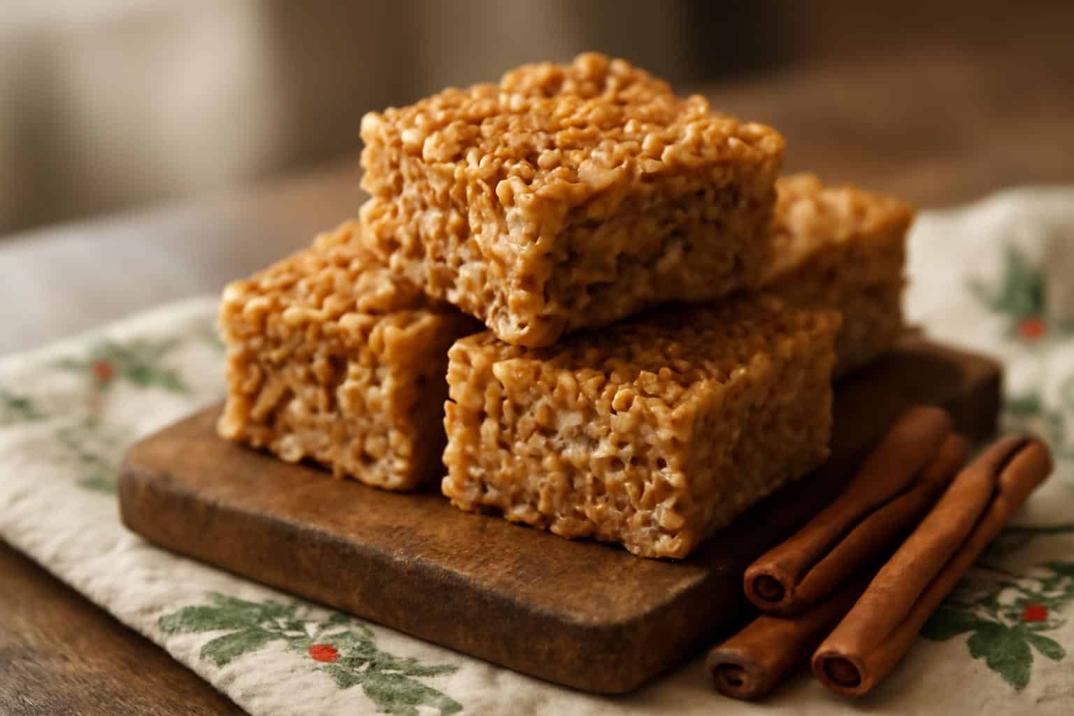 Spiced gingerbread treats stacked showing gooey rice krispie texture with warm spices