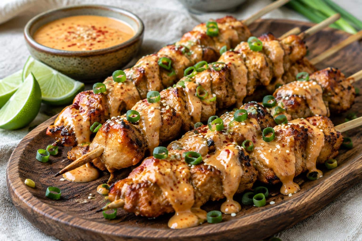 Spicy bang bang chicken skewers with creamy sauce and green onion garnish on wooden platter