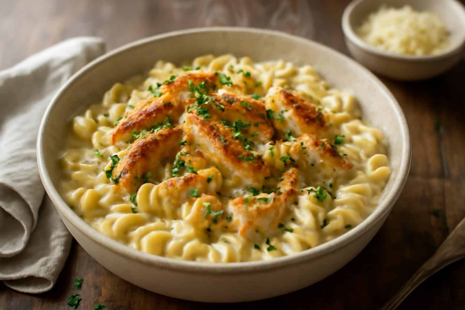 Spicy Cajun chicken rotini in creamy mozzarella Alfredo sauce garnished with parsley
