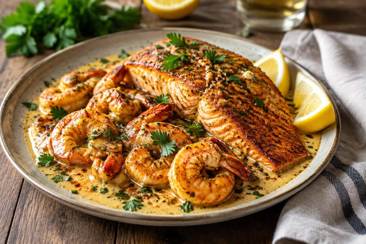 Spicy cajun shrimp and salmon in creamy garlic bliss garnished with parsley and lemon wedges