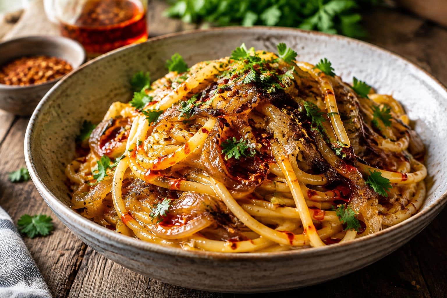 Spicy caramelized onion pasta drizzled with fiery chilli oil and fresh parsley garnish