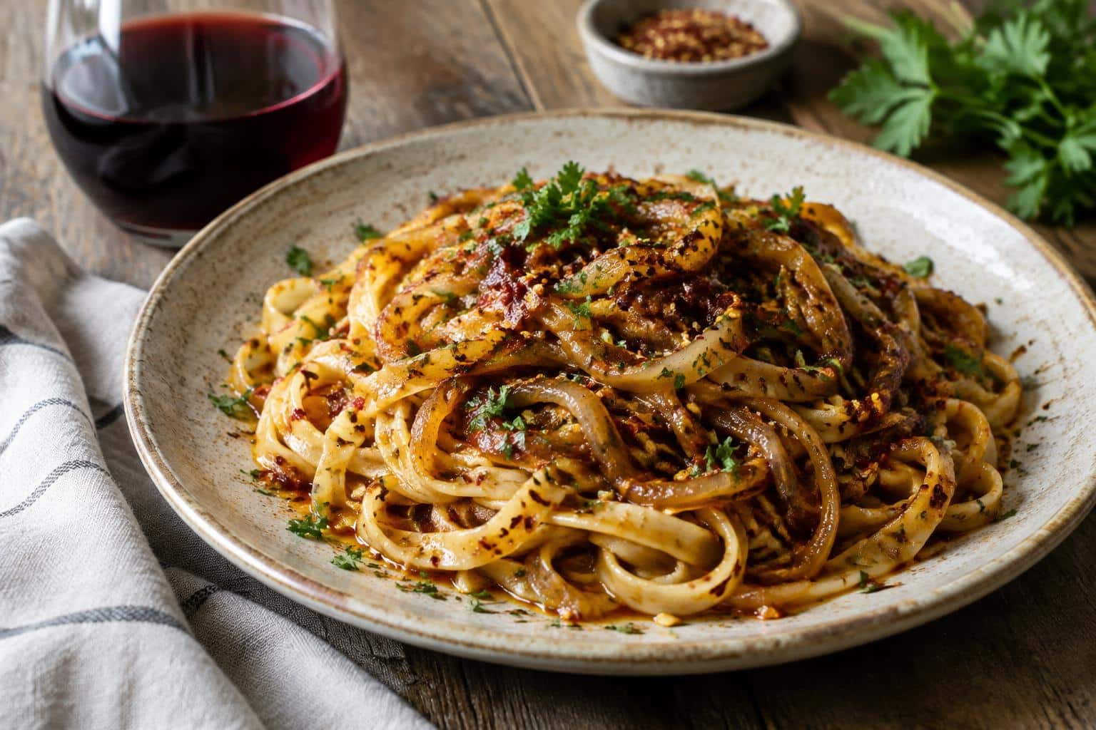 Spicy caramelized onion pasta drizzled with fiery chilli oil served on a rustic plate with fresh parsley garnish