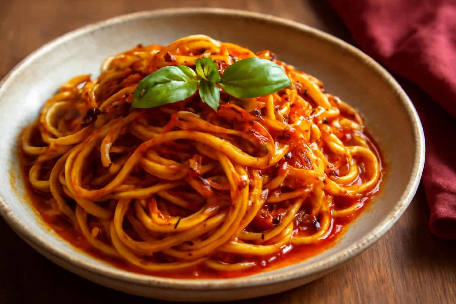 Spicy caramelized onion pasta drizzled with fiery chilli oil garnished with fresh basil