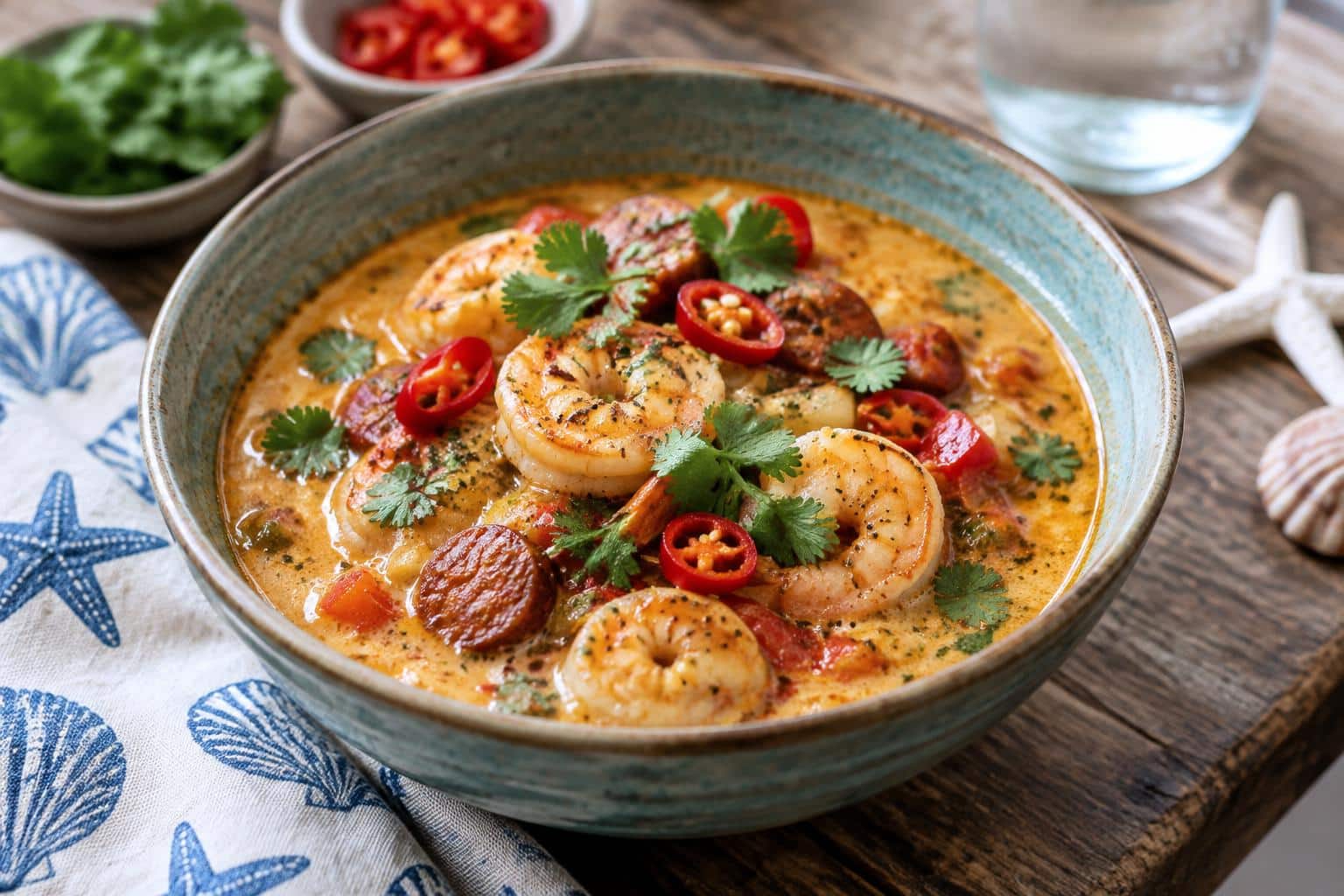 Bowl of spicy coconut shrimp chowder with chorizo garnished with cilantro and red chilies
