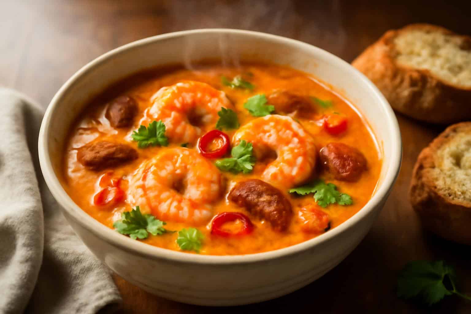 Spicy coconut shrimp chowder in a bowl garnished with cilantro and chili peppers