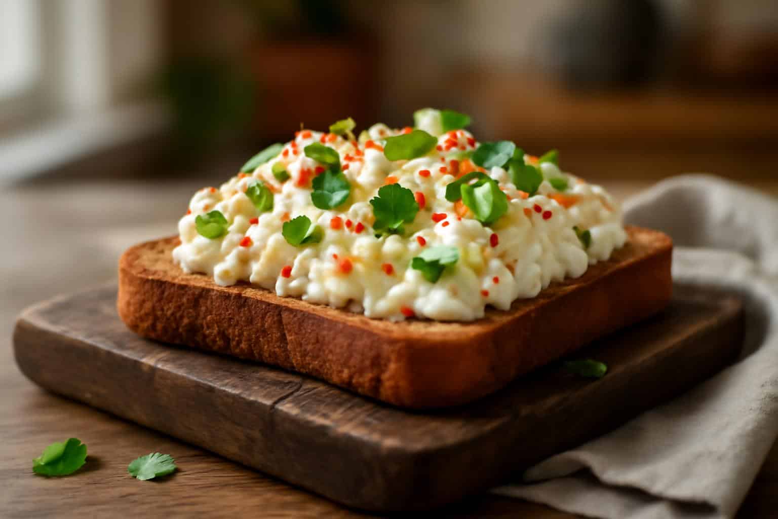 Spicy cottage cheese protein toast topped with seasoned eggs and chili flakes on rustic bread