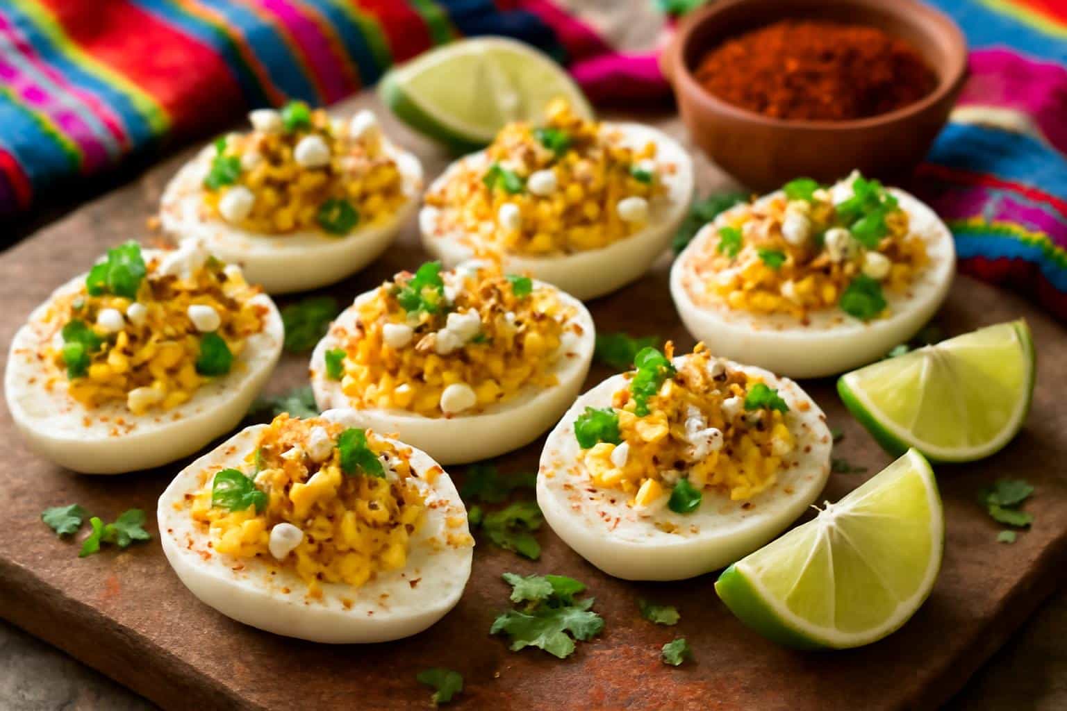 Spicy elote deviled eggs garnished with cotija cheese and cilantro, showcasing the spicy elote deviled eggs flavor