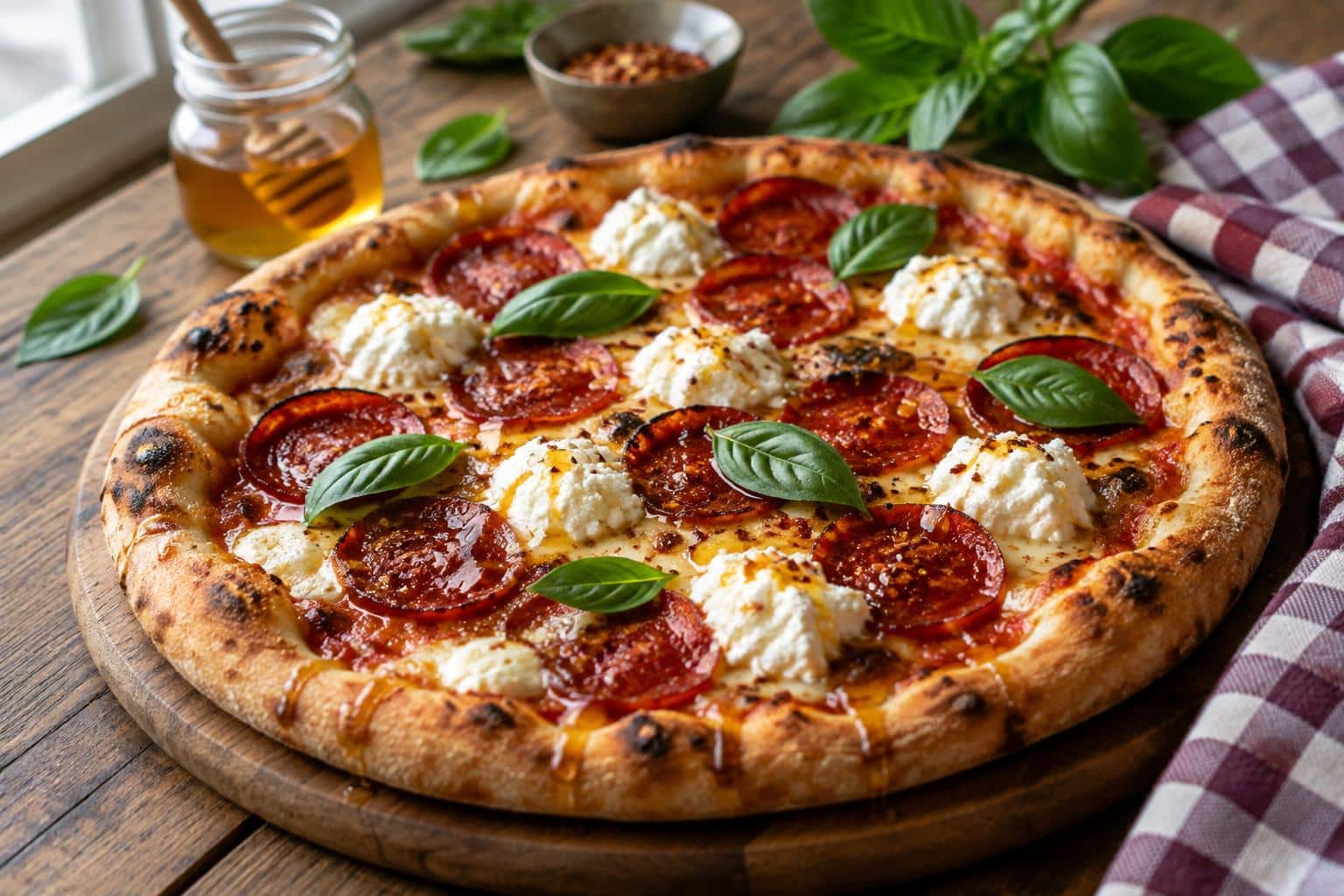 Spicy honey pepperoni pizza topped with creamy ricotta and fresh basil