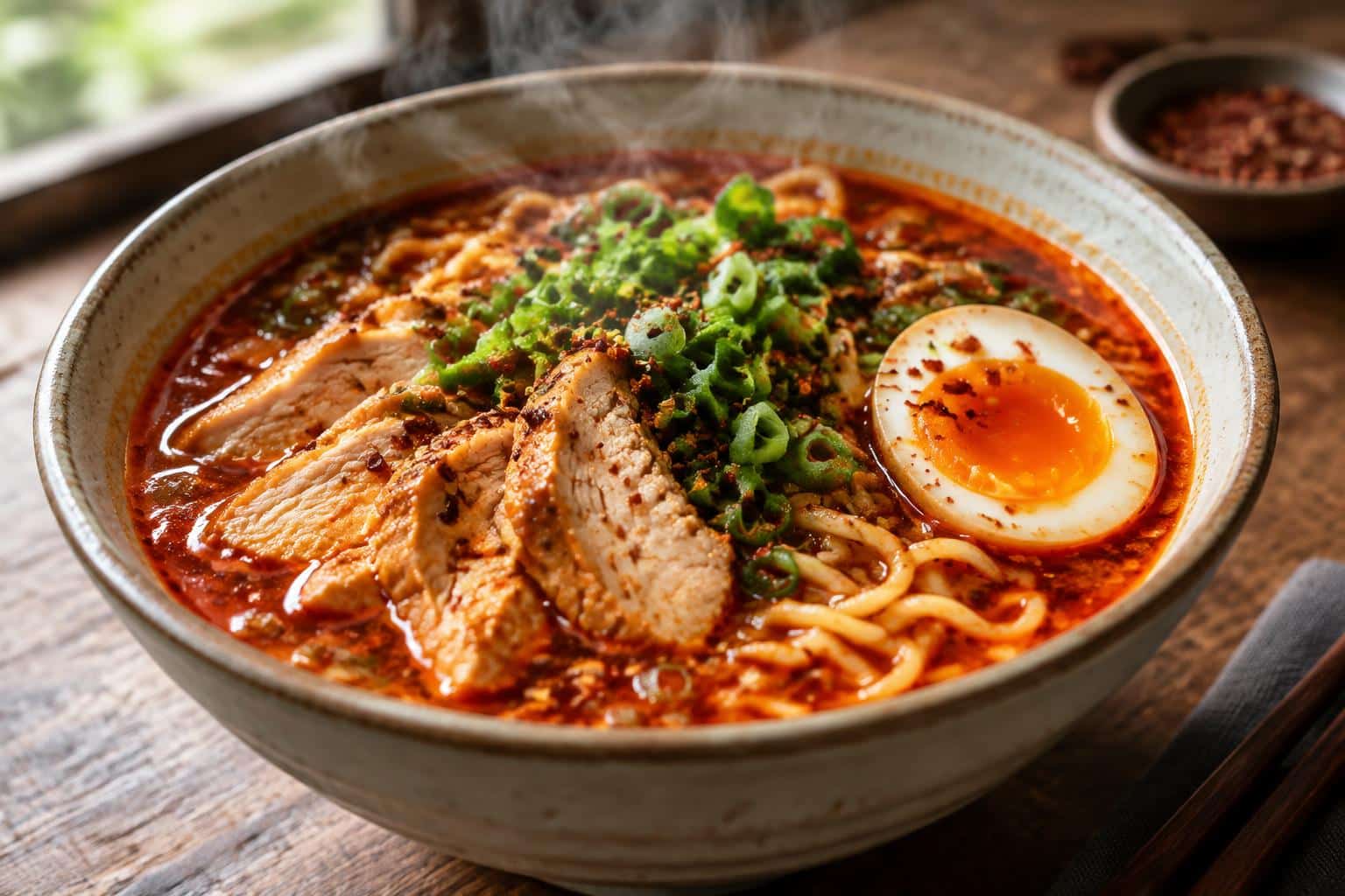 Fiery chicken ramen in a bowl with spicy red broth, chicken, noodles, and garnishes