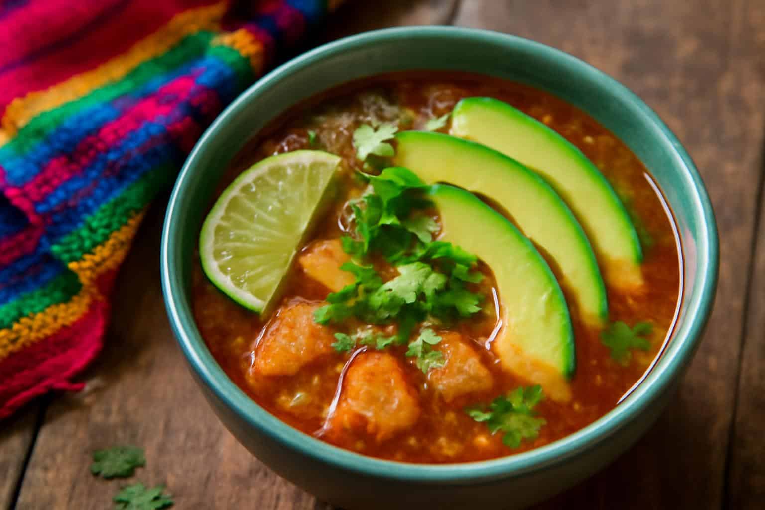 Bowl of spicy mexican garlic soup garnished with cilantro and avocado slices