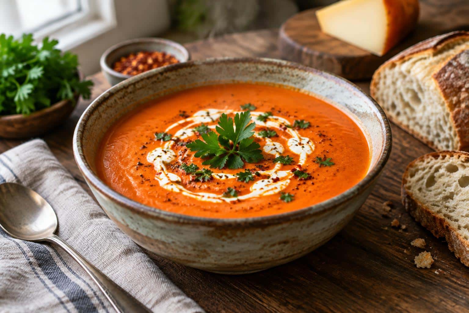 Bowl of spicy roasted red pepper soup with smoked gouda and parsley garnish