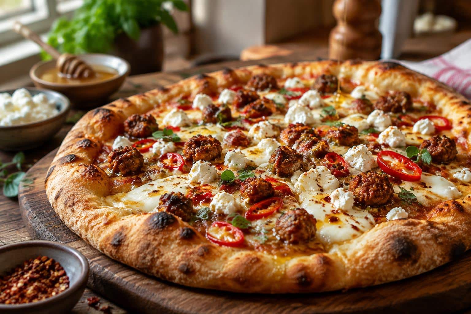 Spicy sausage feta pizza drizzled with honey, fresh from the oven with melted cheese and herbs