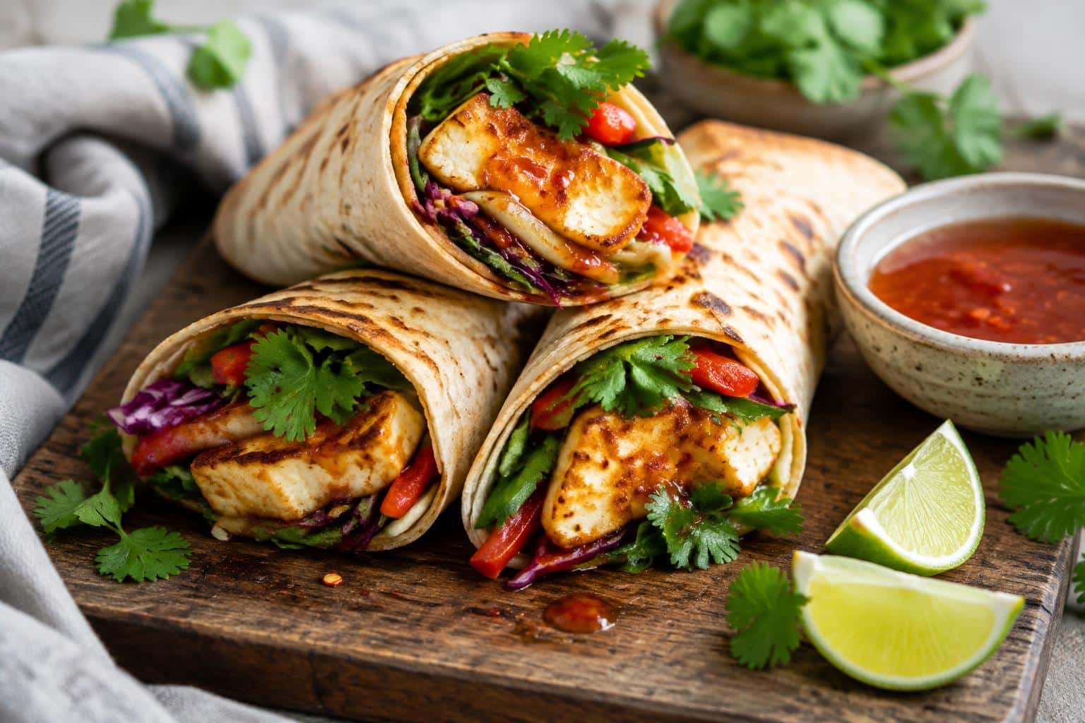 Spicy sweet chili halloumi wraps with fresh garnish on rustic board, showing halloumi wraps