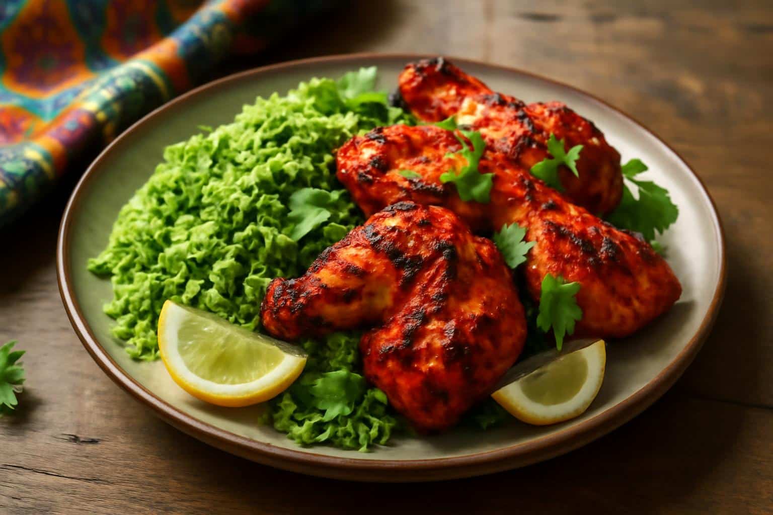 Spicy yogurt-marinated chicken tandoori served with cilantro rice and fresh cilantro garnish