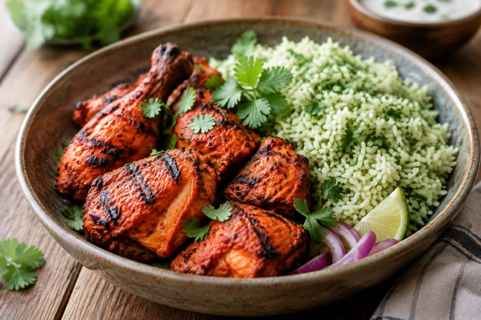 Spicy yogurt-marinated chicken tandoori served with cilantro rice garnished with fresh cilantro