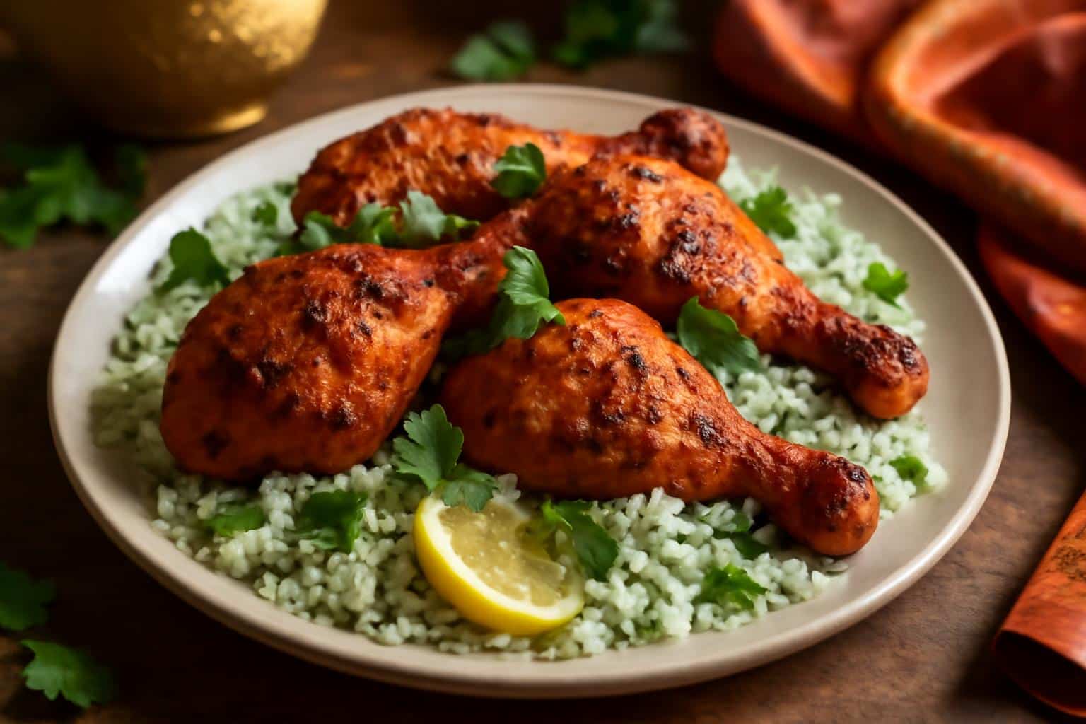 Spicy yogurt-marinated chicken tandoori served with cilantro rice garnished with fresh cilantro leaves