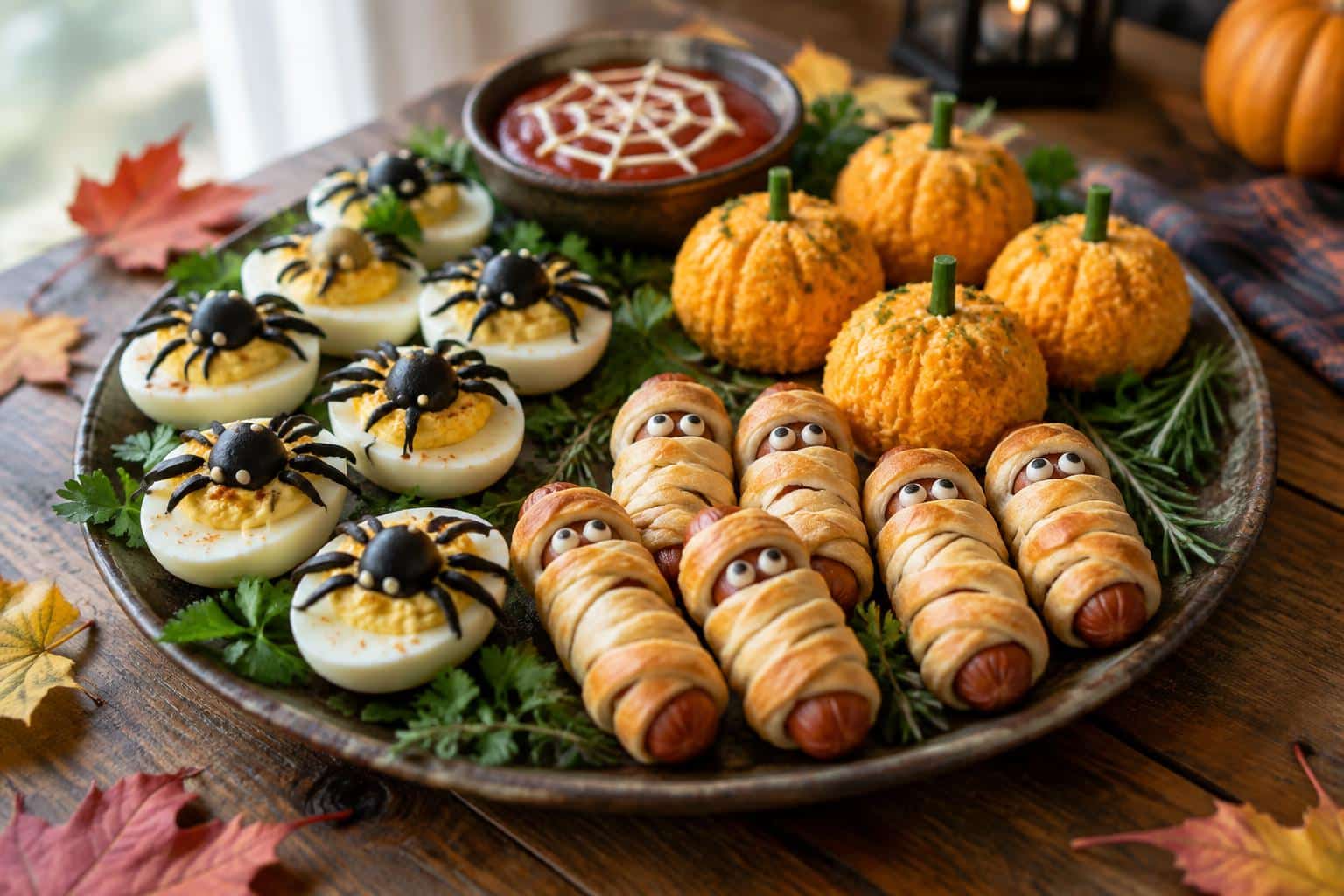 Halloween-themed party foods arranged on a rustic table for a spooky buffet