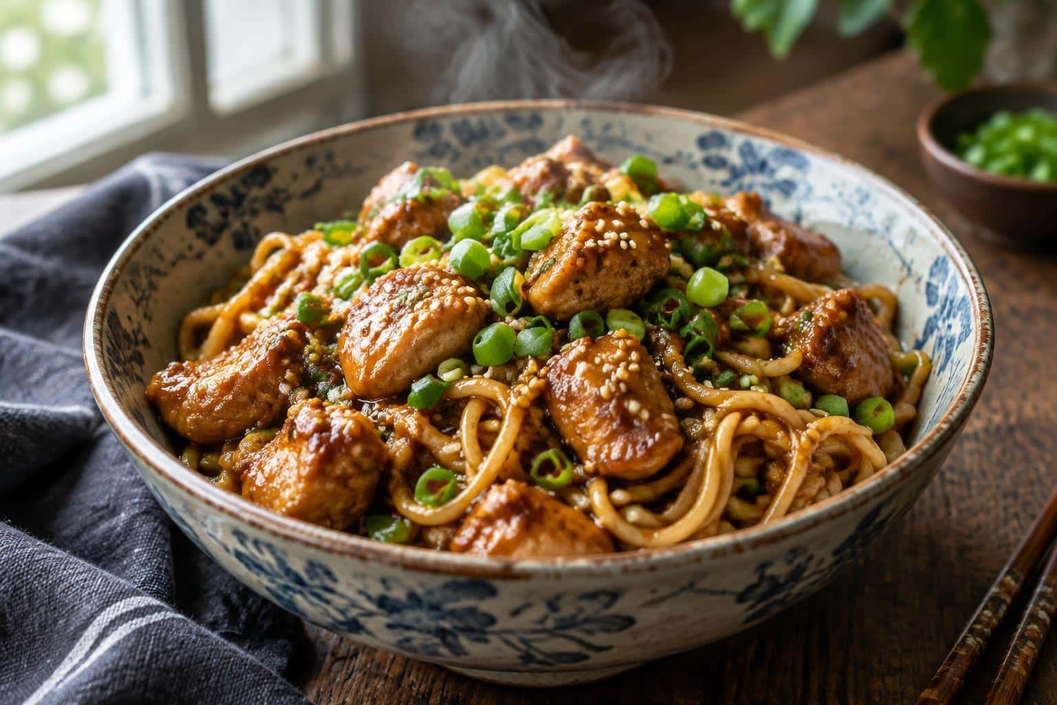Sticky garlic chicken noodles served in a rustic bowl garnished with green onions and sesame seeds