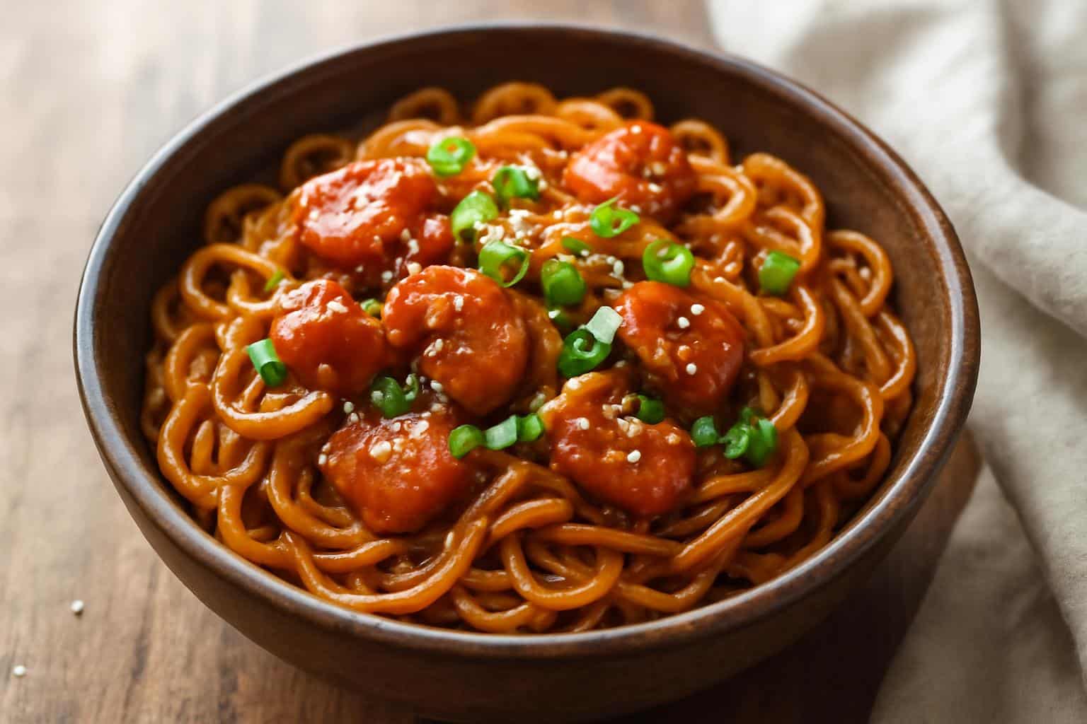Sticky garlic chicken noodles served in a rustic bowl garnished with green onions and sesame seeds