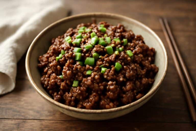 Close-up of sticky ginger beef mince with green onions and sesame seeds, showcasing rich sauce and texture