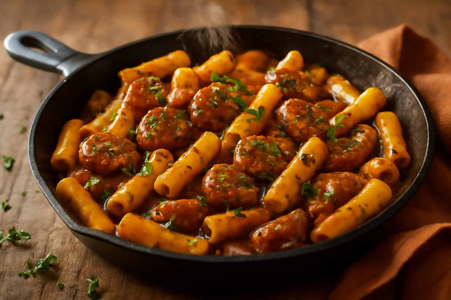 sticky honey garlic sausage pasta skillet with fresh parsley garnish in a rustic pan