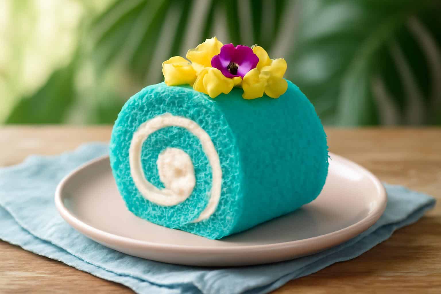 Stitch-inspired tropical blue cake roll dessert with creamy filling and tropical fruit garnish