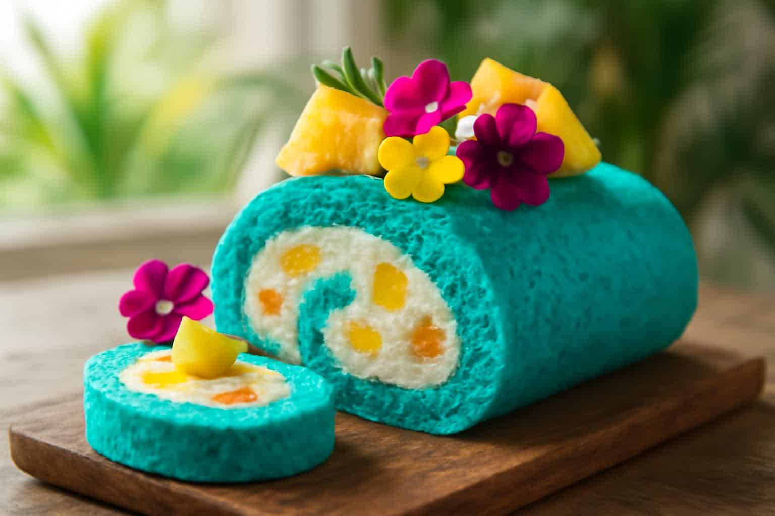Tropical blue cake roll with creamy filling and tropical fruit garnish, tropical blue cake roll dessert