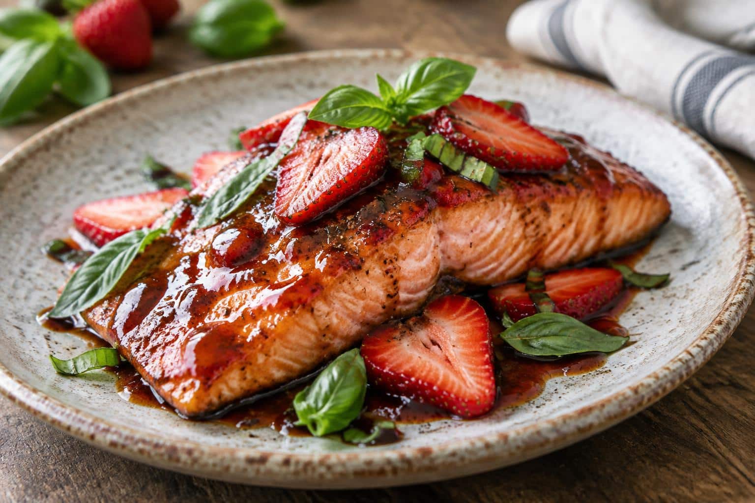Strawberry balsamic glazed salmon fillet garnished with fresh strawberries and basil leaves
