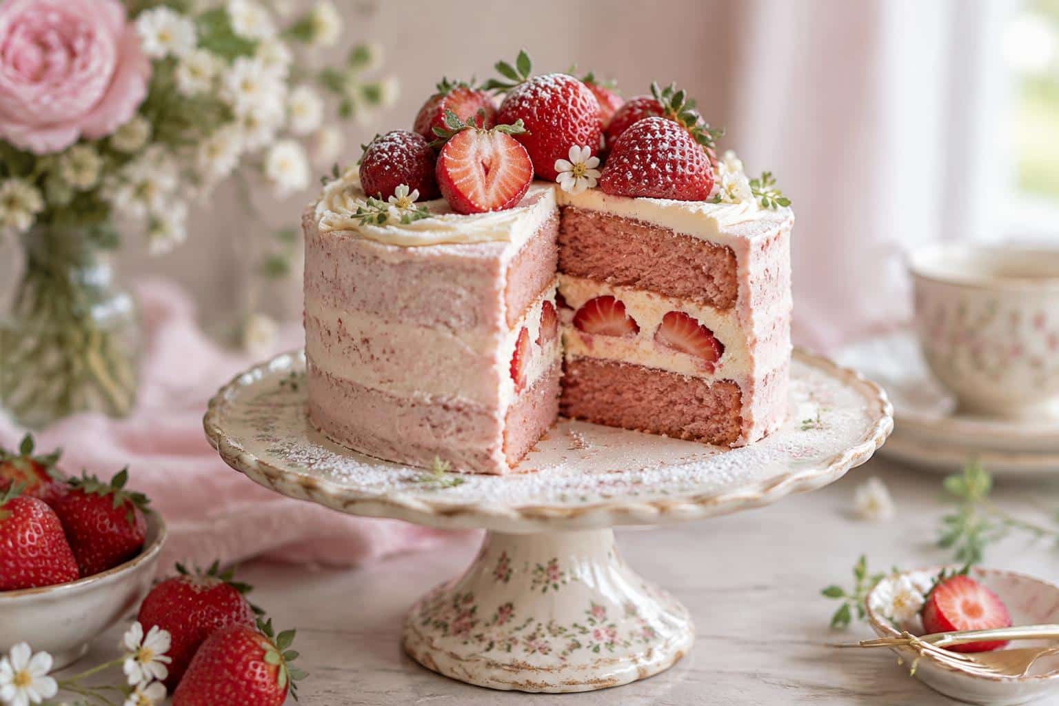 Strawberry cake core mini torte with fresh strawberries and powdered sugar on a vintage cake stand