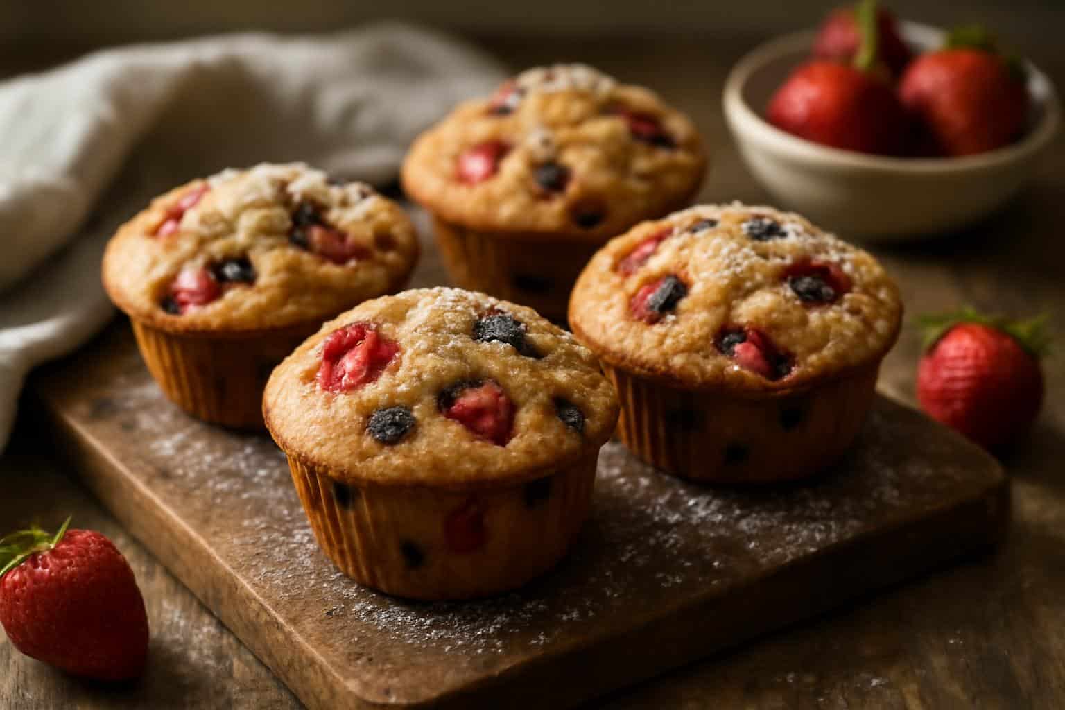 Freshly baked strawberry chocolate chip muffins with visible berries and chocolate chips