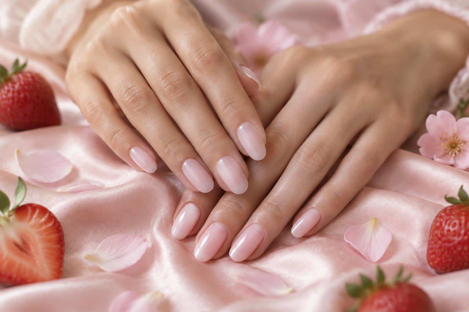 Close-up of strawberry milk nails soft pink mani on manicured hands with delicate styling
