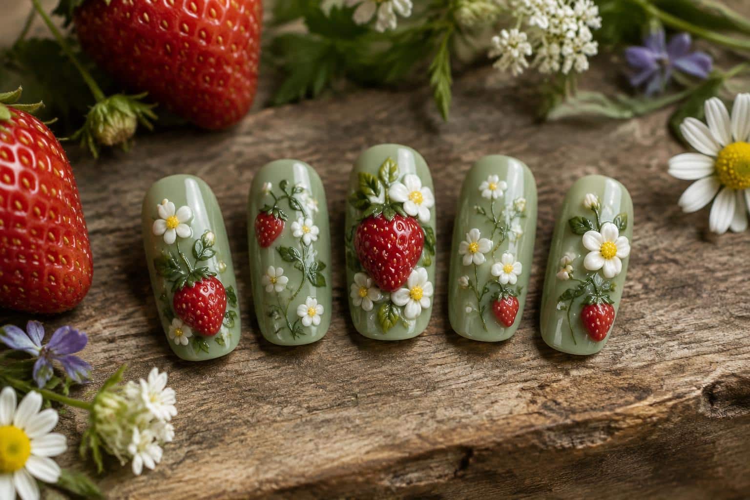 Strawberry press on nails with 3D floral designs and sage green vintage style
