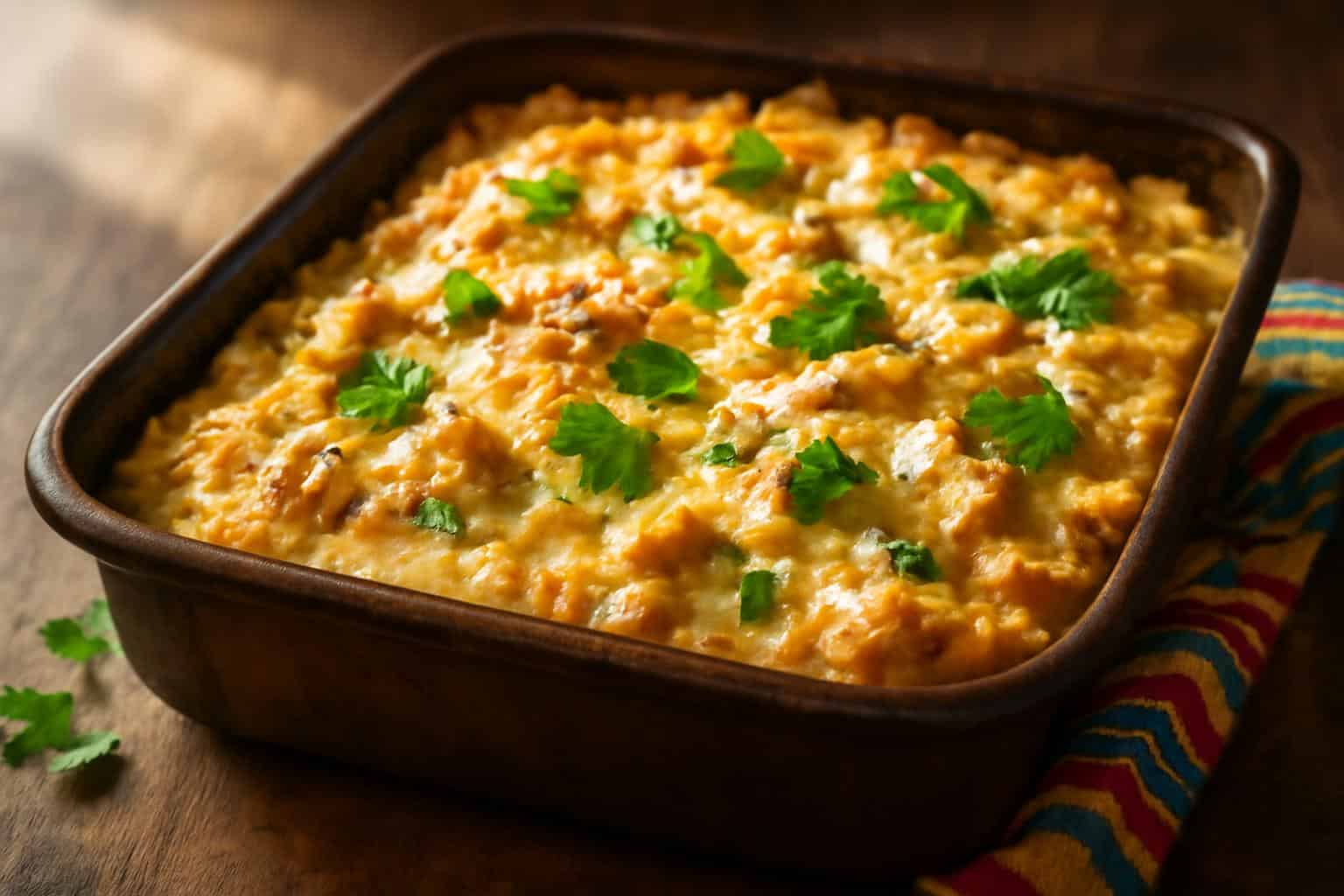 Creamy cheesy street corn chicken casserole garnished with cilantro and cotija cheese