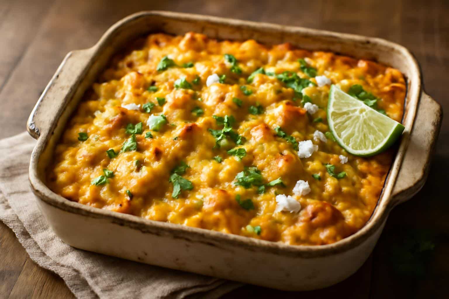 Baked street corn casserole with creamy cheese and chicken garnished with cilantro and lime wedge