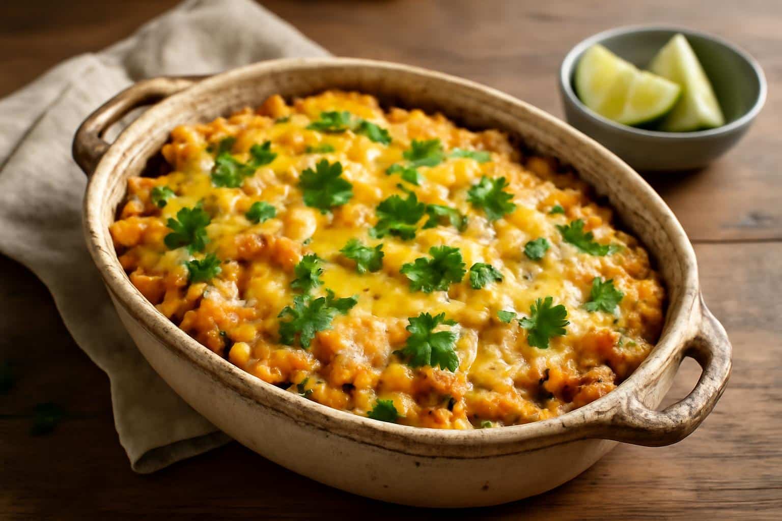 Street corn chicken casserole topped with melted cheese and fresh cilantro, creamy and cheesy casserole dish