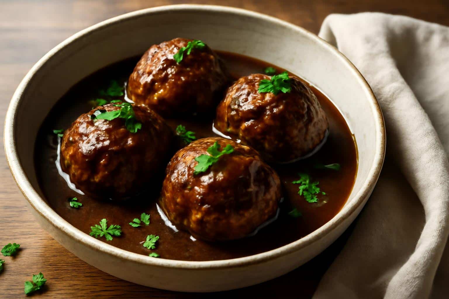 Stuffed meatballs in Guinness gravy garnished with parsley in rustic bowl