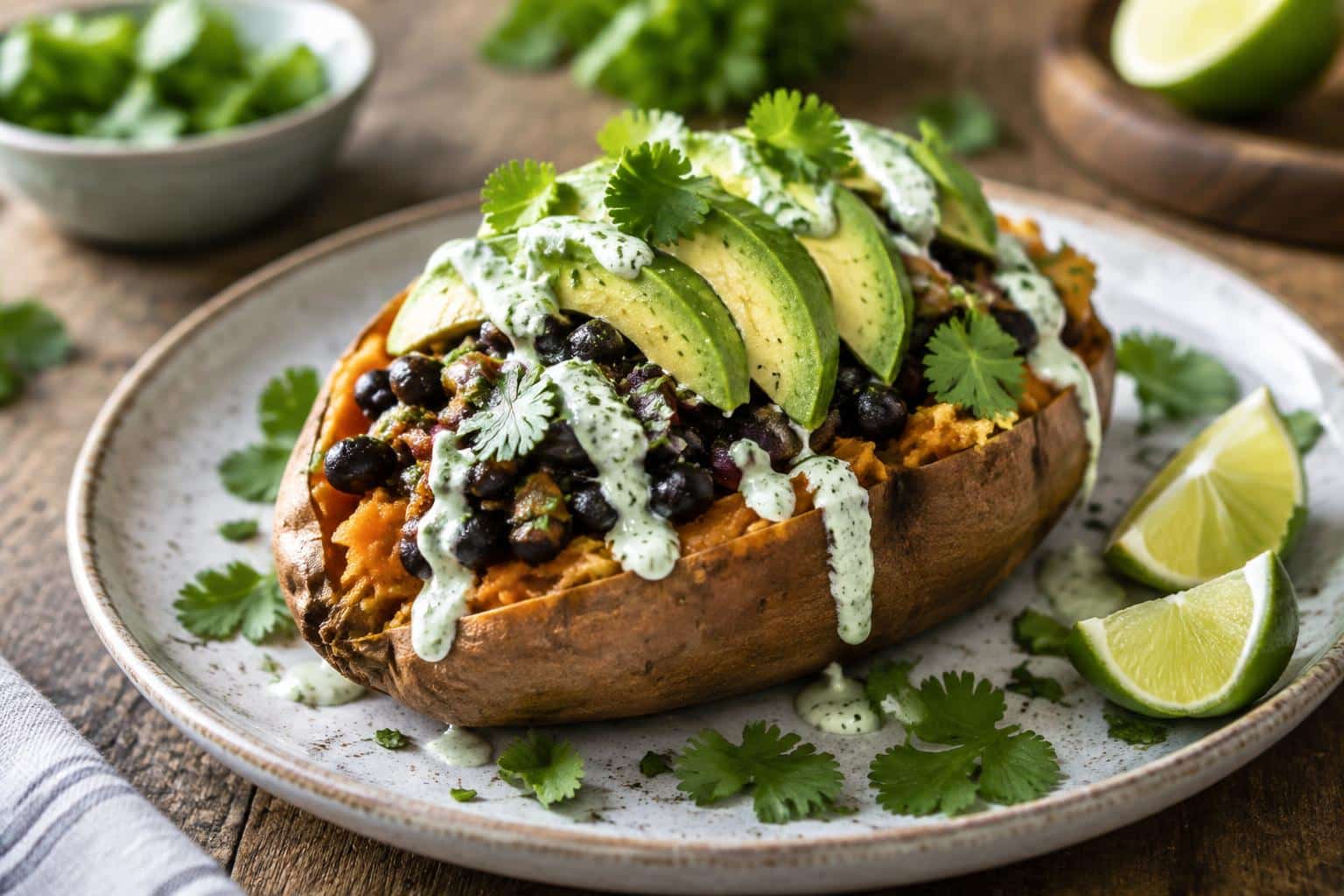 Stuffed sweet potato topped with avocado, black beans, and cilantro lime crema