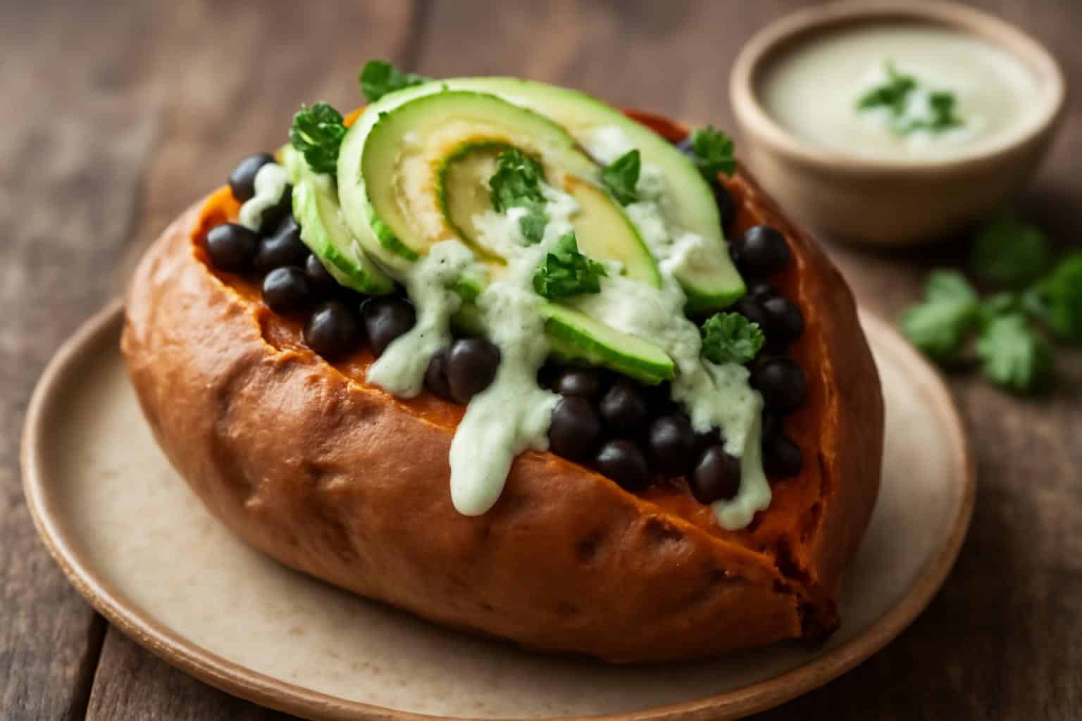 Stuffed sweet potato topped with avocado, black beans, and cilantro lime crema on rustic wooden surface