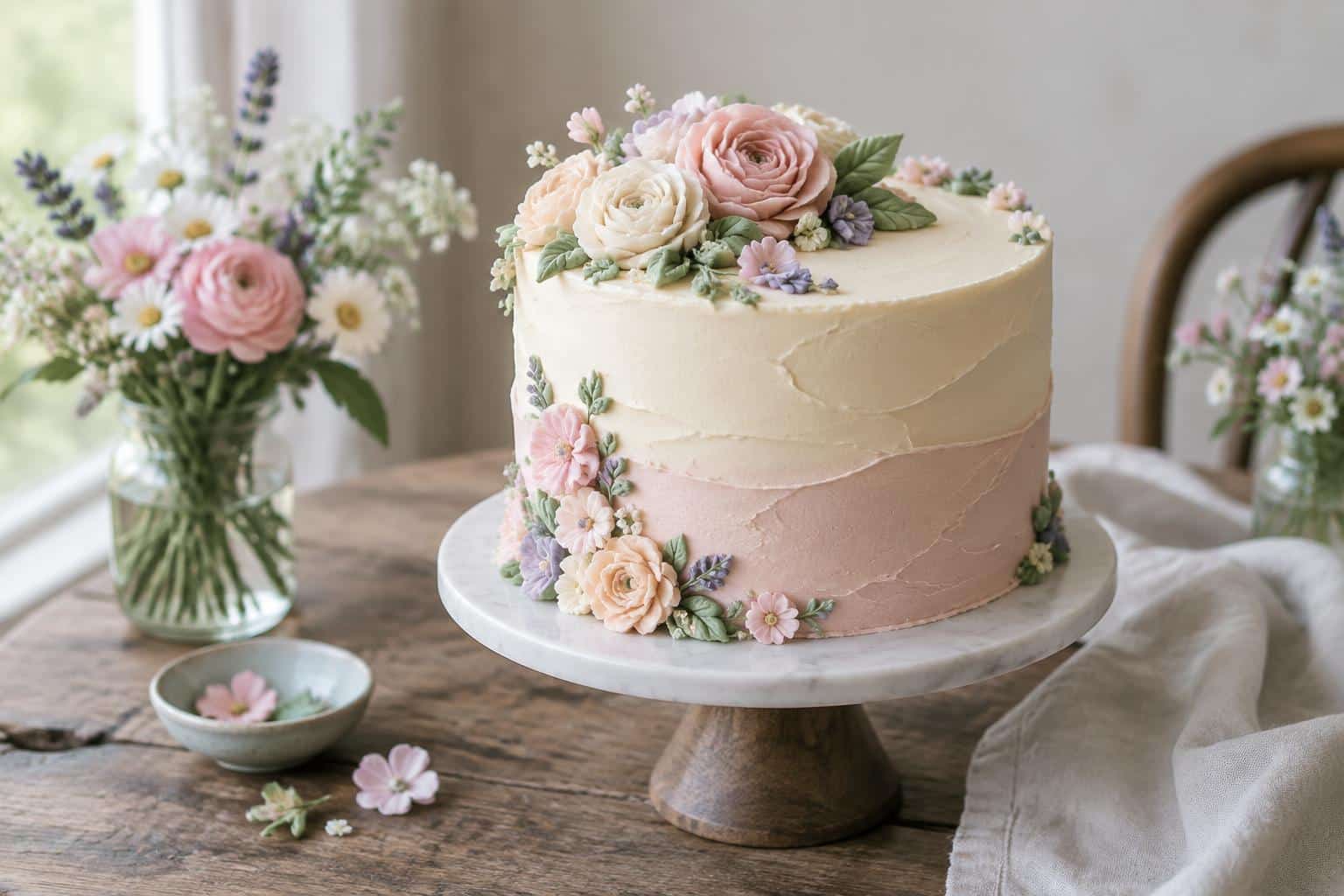 Beautiful cake design with pastel buttercream and piped flowers on rustic wooden table